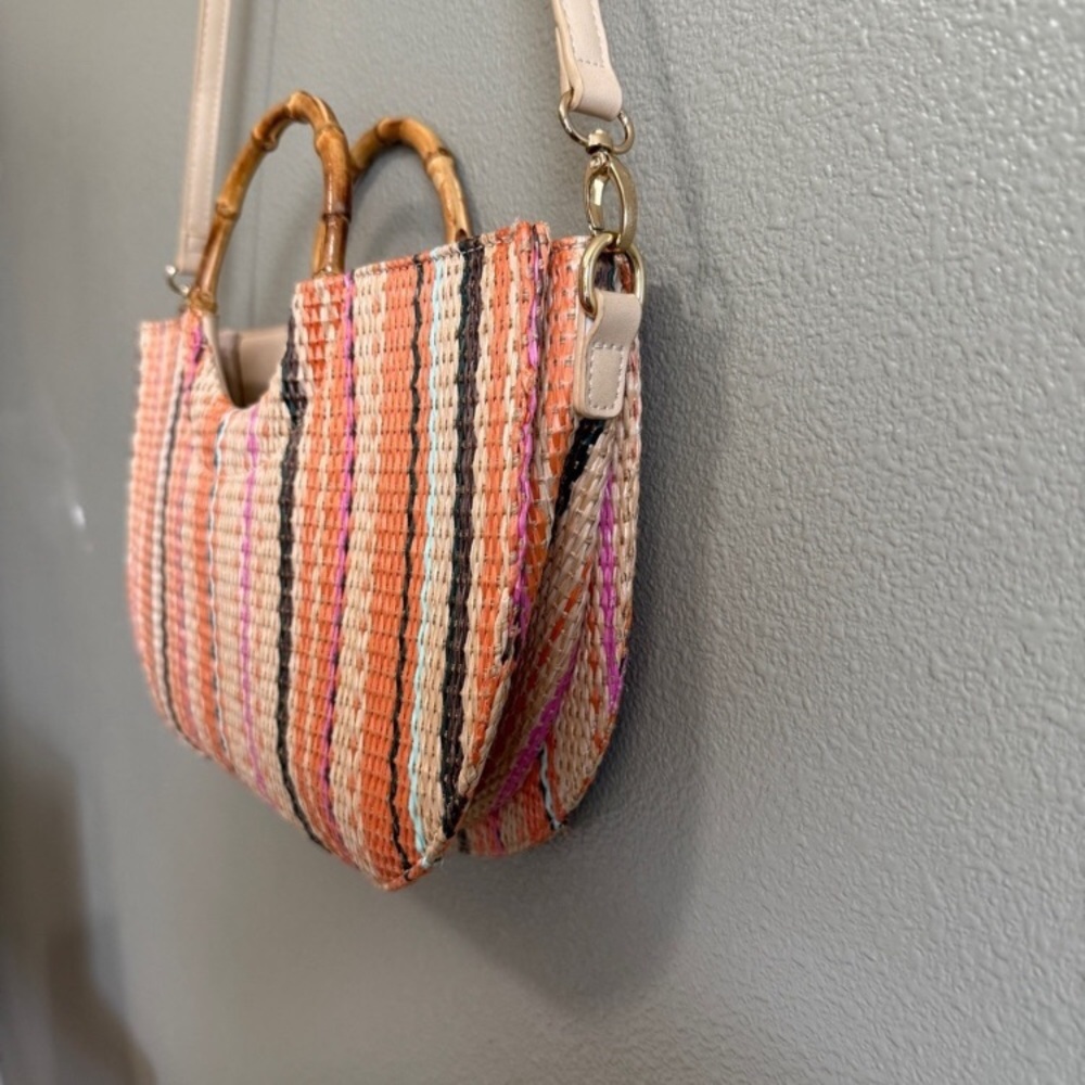 Colorful Woven Shoulder Bag with Bamboo Handles